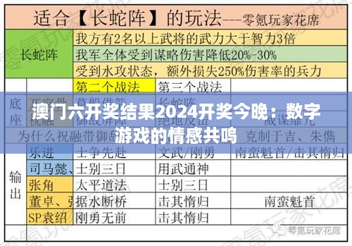 澳门六开奖结果2024开奖今晚：数字游戏的情感共鸣